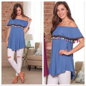 One left🤗Blue Fringe Tassel Tunic NWT